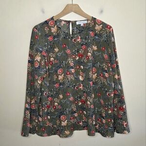Cortefiel | Olive Green Floral Long Sleeve Blouse Ruffle Hem Size UK 14